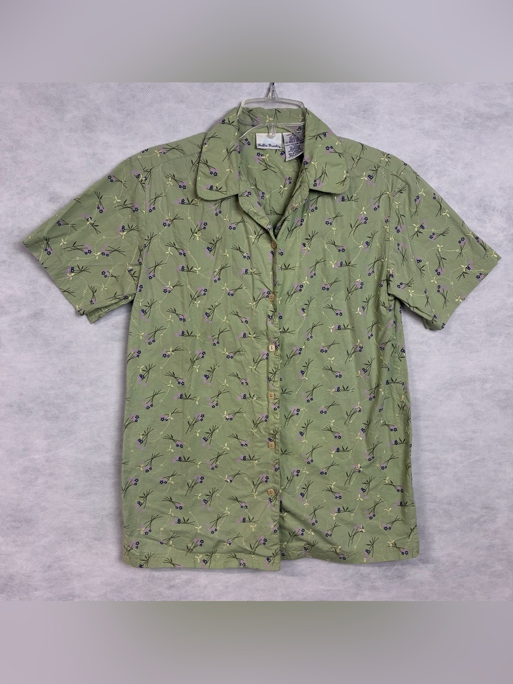 Vtg Bobbie Brooks Embroidered Button Up Shirt Womens Small Green SS Floral Flaw